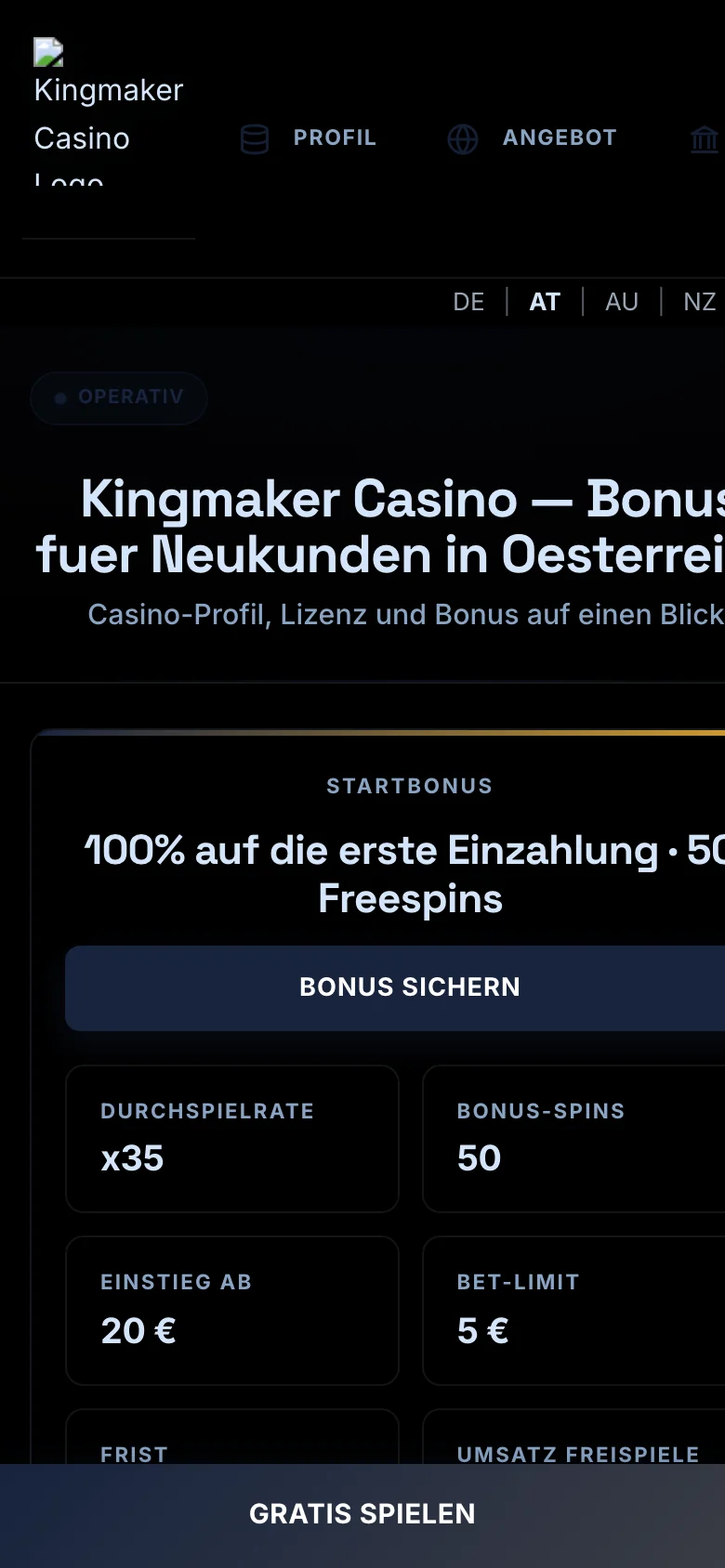Kingmaker Casino mobile lobby screenshot