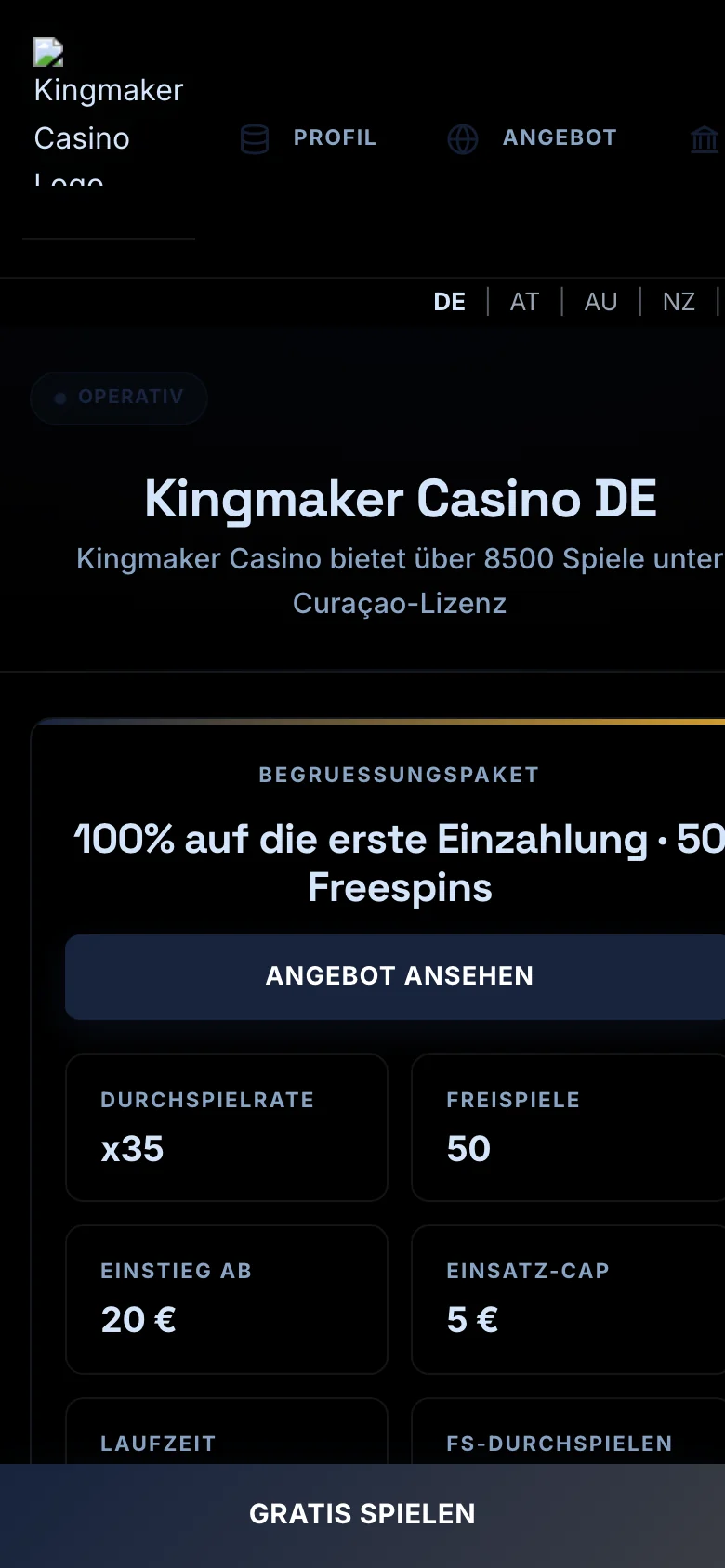 Kingmaker Casino mobile lobby screenshot