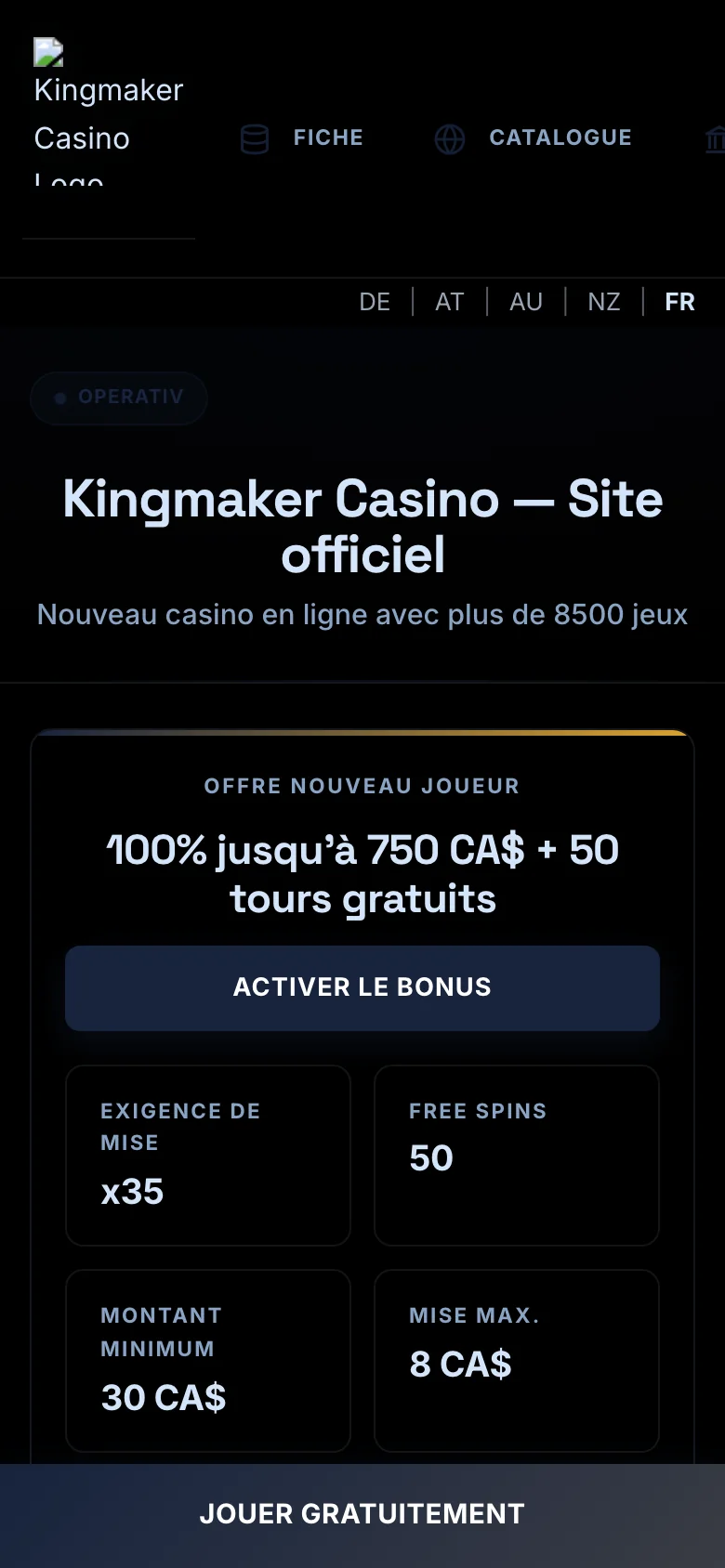 Kingmaker Casino mobile lobby screenshot